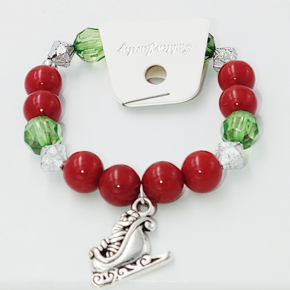 261C87. Red, Green Silver Bracelet with Sleigh Charm - Picture 1 of 3